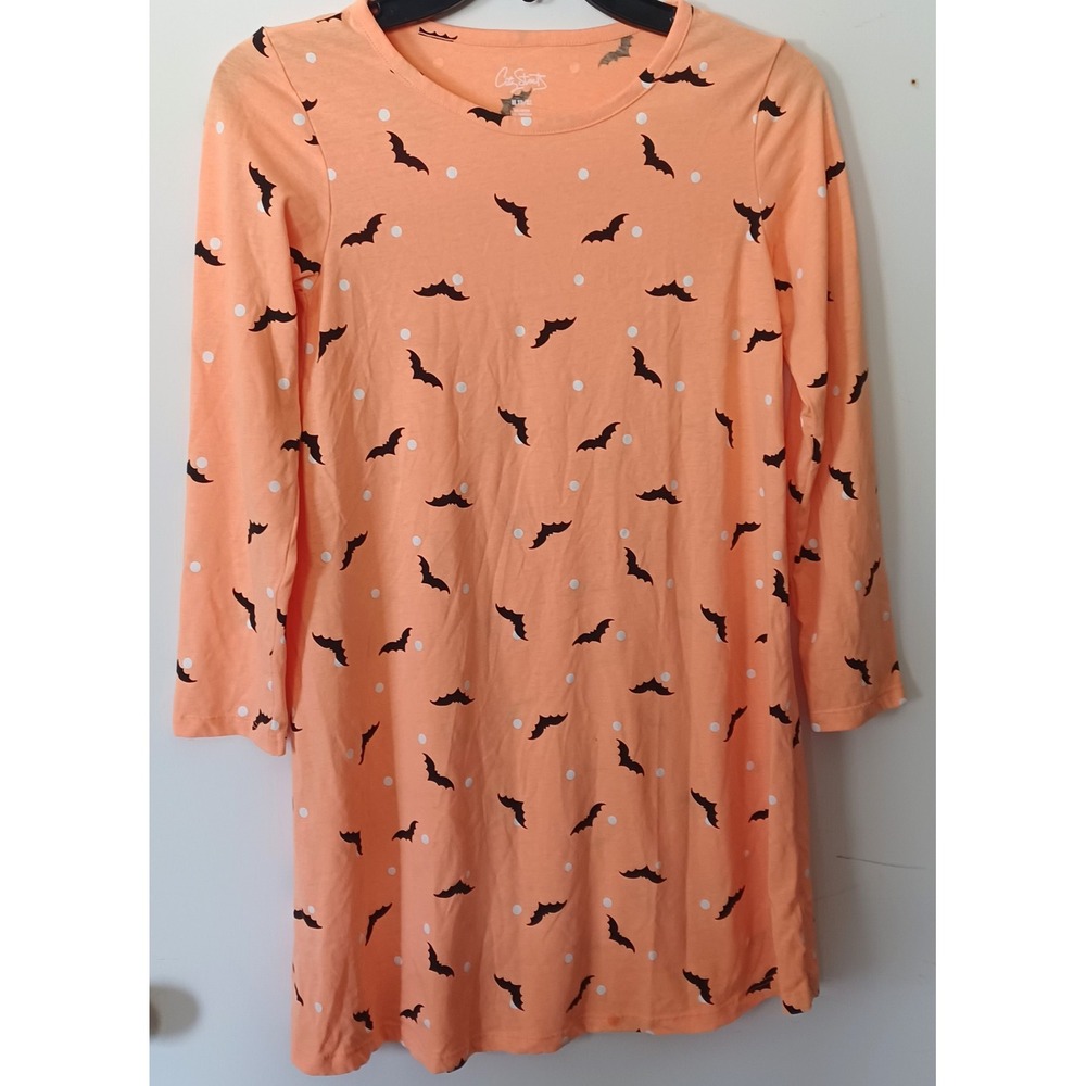 City Streets Dress Girls M 10/12 Orange Bat Polka Dot Halloween Long Sleeve Goth